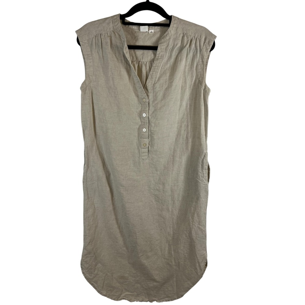 GAP Womens Linen Blend Sleeveless Shift Dress‎ Beige Oatmeal Button Front XS